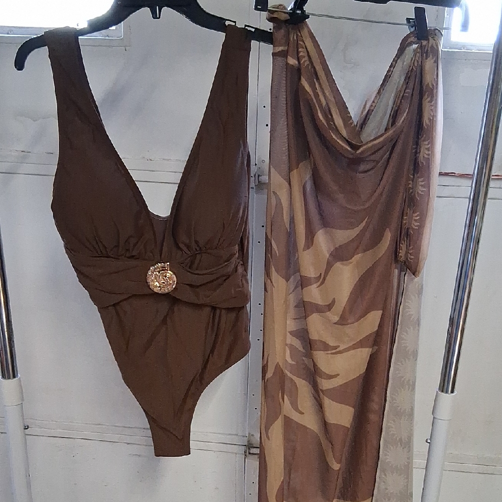 Women’s Deep V One-Piece Swimsuit in Brown with Decorative Accent